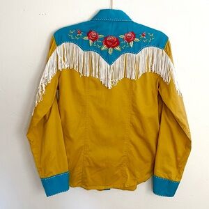 Rock & Roll Cowgirl Lg Western Southwestern Fringed Turquoise Embroidered Shirt